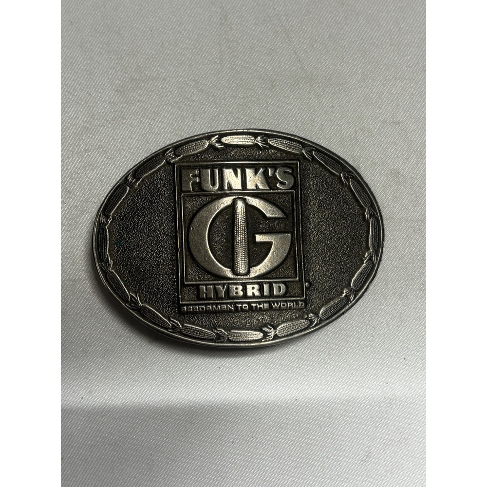 Vintage Funk's G Hybrid Pewter Belt Buckle - Collectible Farm Advertising